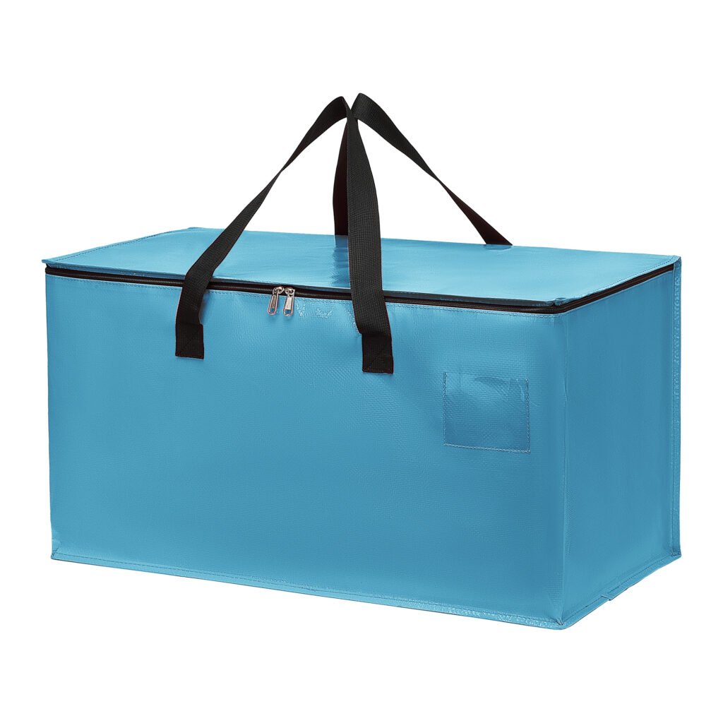 Sky blue heavy-duty moving bag with wide handles and zip closure, ideal for seasonal items or home organization