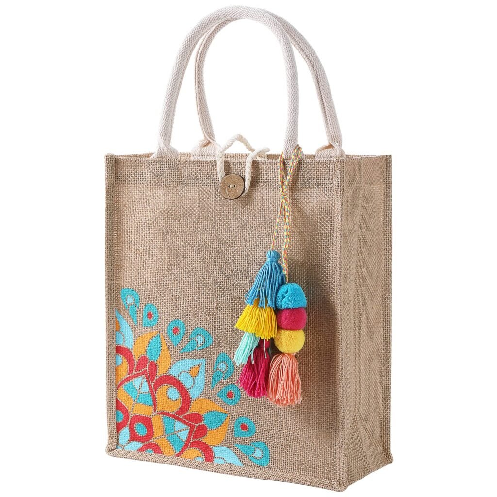 Plain jute tote bag with green-red stripe and colorful tassel charm, reusable gift or shopping bag