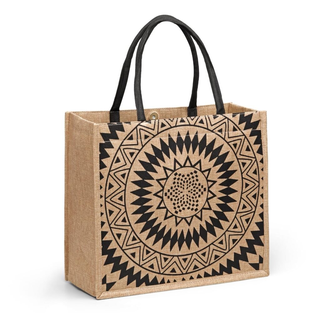 Customizable jute tote bag with black base and letter S print, reusable shopping bag