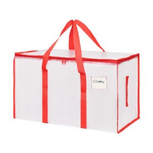 Heavy duty moving bag with red handles, extra large zippered storage tote for clothes