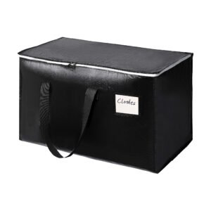 Black heavy duty moving bag with durable wide handles for organizing clothes, blankets, and seasonal storage