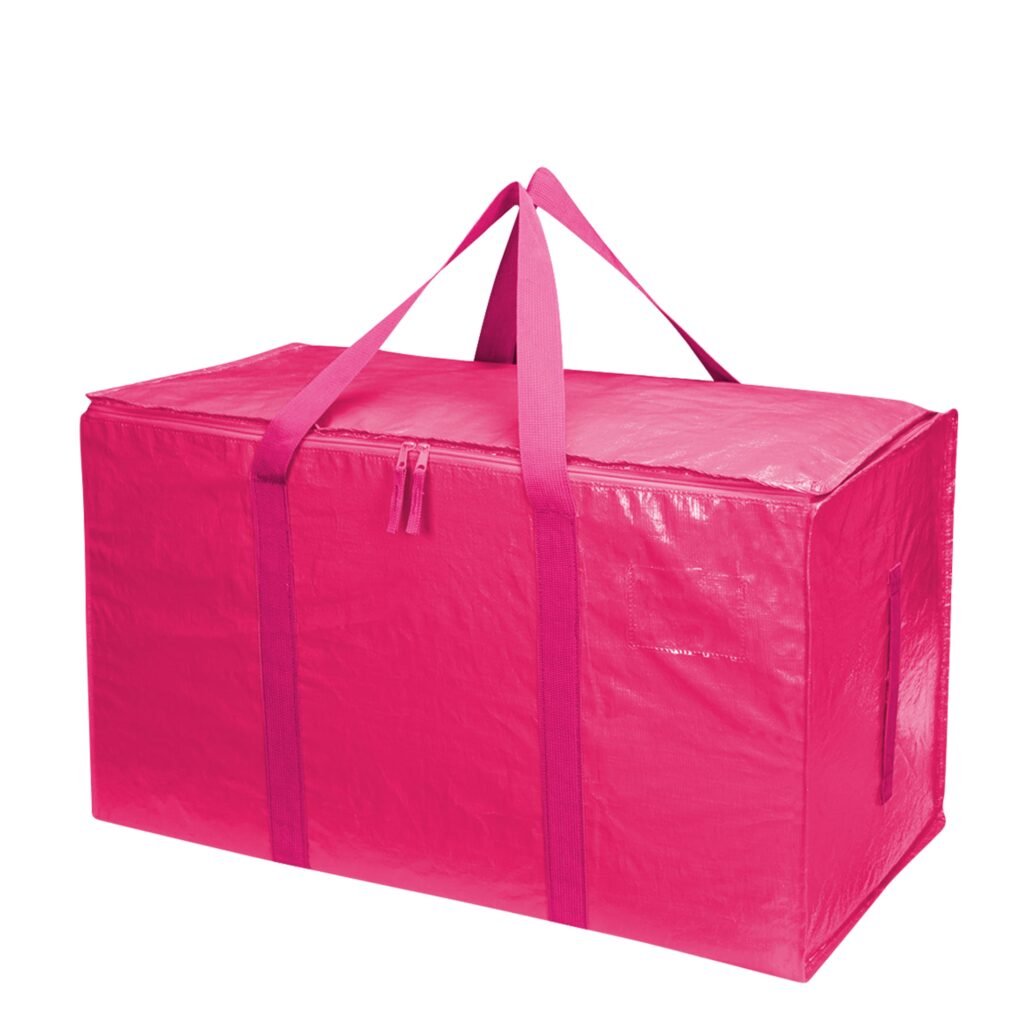 Pink waterproof moving bag with strong carry straps, designed for clothing storage, laundry, and relocation