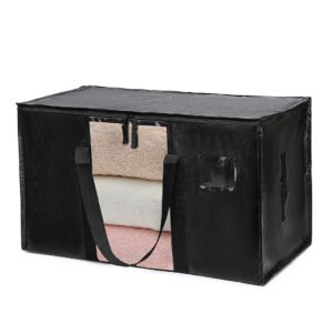 Black window moving bags with clear panel and reinforced handles, ideal for blankets and clothing