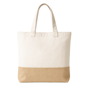 Minimalist beige and khaki two-tone canvas tote, sturdy and reusable for groceries, events, or bulk promotional orders.