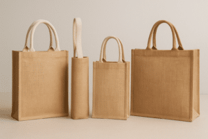 Set of plain natural jute tote bags in different sizes with sturdy handles, eco-friendly reusable shopping bags for wholesale and custom logo printing