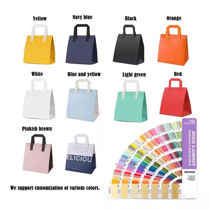 Color selection chart for reusable tote bags, available in multiple shades with customizable logo printing, ideal for branding and promotional packaging.