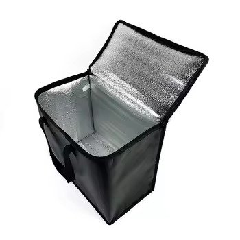 Open black reusable insulated delivery bag with silver thermal lining, ideal for food transport, takeaway packaging, and temperature preservation.