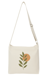 Lightweight beige shoulder tote bag with a green leaf and orange sun design, ideal for branding and everyday eco use.