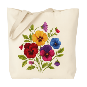 Beige canvas tote with bright pansy flower print, reusable, customizable, and perfect for retail or promotional events.