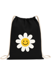 Eco-friendly black drawstring bag featuring a cheerful daisy print, reusable and customizable for giveaways or retail packaging.
