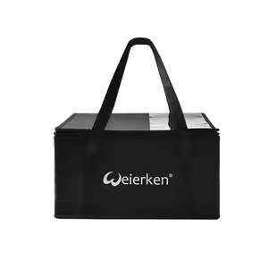 Black reusable insulated delivery tote bag with handles and printed logo, ideal for food transport, catering services, and heat preservation.