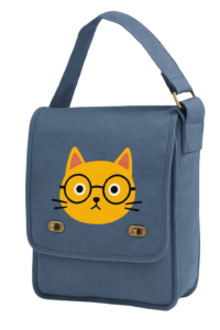 Reusable blue canvas lunch tote featuring a yellow cat face with glasses, perfect for school, picnics, or branding giveaways.