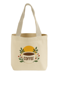 Beige canvas tote bag with coffee cup and floral design, reusable and eco-friendly for cafes and branding promotions.