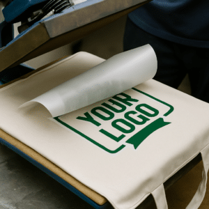 Custom logo printing process on cotton shopping bag using heat press machine.