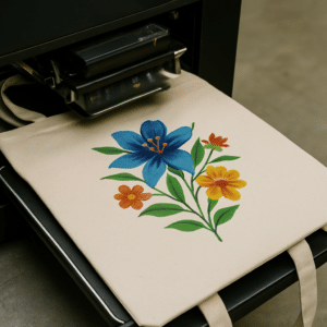 Digital printing of floral artwork on eco-friendly tote bag.