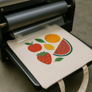 Heat press printing fruits design on reusable cotton shopping bag.