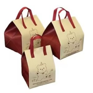Set of three red and beige insulated lunch tote bags with cartoon print and handles, ideal for food delivery, takeaway, and gift packaging.