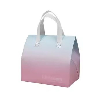 Gradient pink and blue reusable insulated tote bag with white handles, ideal for bakery packaging, food delivery, and customizable promotional use.