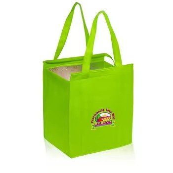 Green reusable insulated tote bag with handles and custom logo, ideal for food delivery, grocery transport, and thermal preservation.