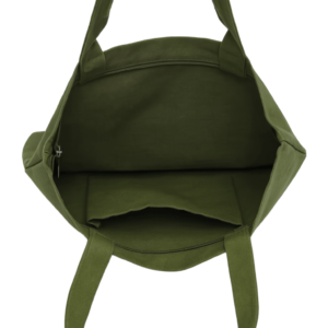 Spacious olive green canvas tote with secure zipper pocket, ideal for shopping, travel, or promotional branding use.