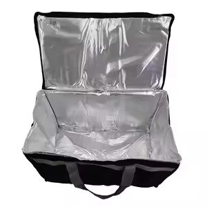 Open black insulated delivery bag with silver thermal lining, ideal for keeping food warm or cold during transport.