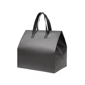 Plain black reusable insulated tote bag with matching handles, ideal for food delivery, takeaway packaging, and customizable logo printing.