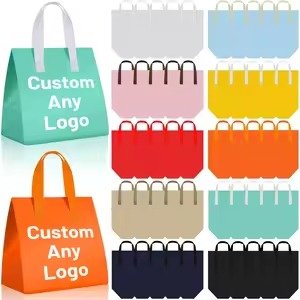 Variety of customizable reusable tote bags in multiple colors with option to print any logo, ideal for food delivery and promotional use.