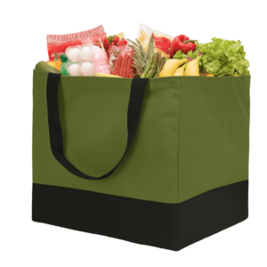 Olive green reusable grocery canvas bag filled with fresh produce, eco-friendly and durable for everyday shopping needs.