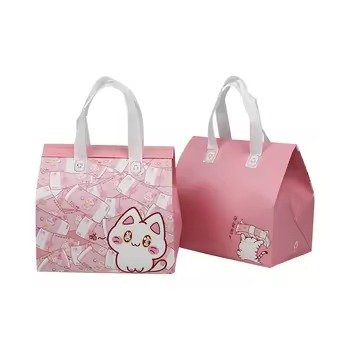Set of two pink reusable insulated tote bags with cute cartoon cat print and white handles, ideal for bakery packaging, food takeaway, and gift use.