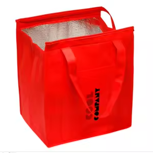 Red reusable insulated tote bag with handles, ideal for food delivery, grocery transport, and thermal preservation