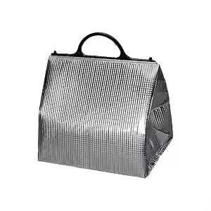 Silver insulated thermal tote bag with black handle, ideal for food delivery, takeaway packaging, and temperature preservation.
