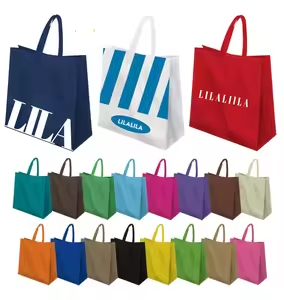 Assorted colorful reusable tote bags with custom logo printing options, ideal for shopping, promotional events, and food delivery packaging.