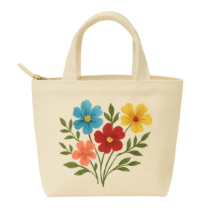 Small beige canvas tote bag featuring colorful hand-painted flowers, reusable and eco-friendly design for daily carry or gifting.