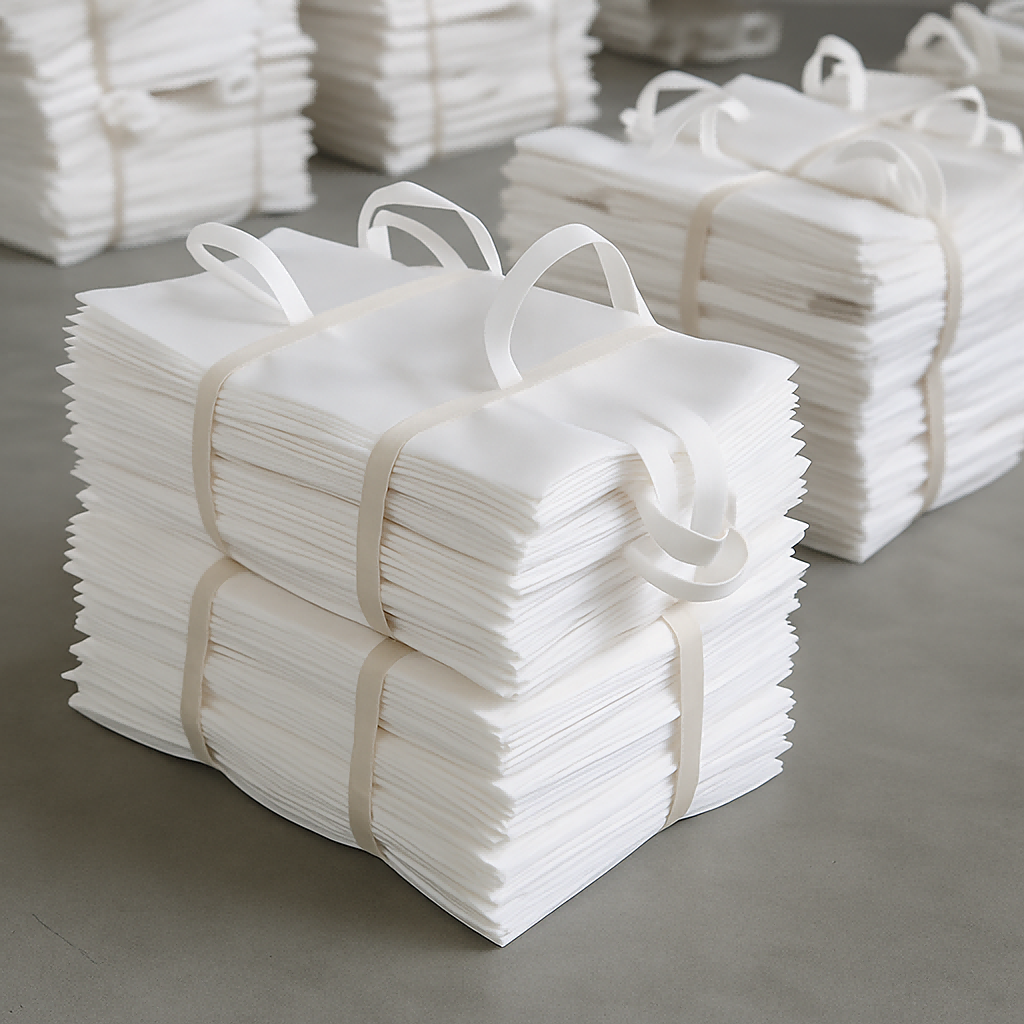 Stacks of white reusable non-woven tote bags bundled together, ready for packaging, shipping, or bulk wholesale distribution.