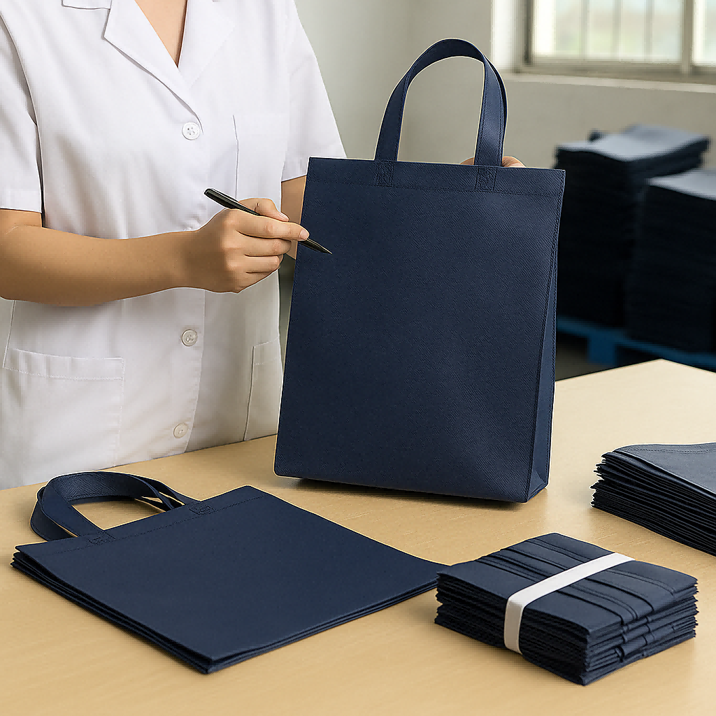 Worker inspecting a navy blue reusable non-woven tote bag during quality control, with stacked bags prepared for packaging.