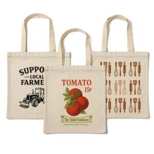 Set of three printed canvas totes with farm and kitchen-themed designs, reusable bags for markets, retail, or events.