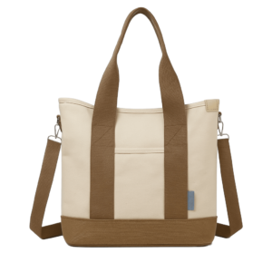 Functional beige and brown canvas tote with detachable shoulder strap, durable and ideal for travel, business, or branding campaigns.