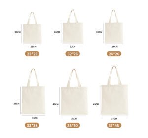 Multiple size variations of blank canvas tote bags displayed for custom printing and wholesale orders