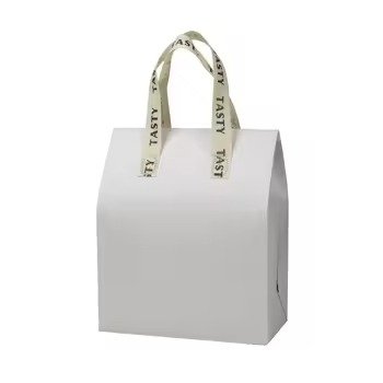 Plain white reusable insulated tote bag with printed ribbon handles, ideal for customizable food packaging, takeaway, and gift use.