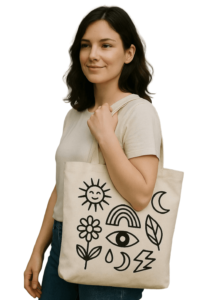Woman holding reusable beige canvas tote bag with playful black line art print for everyday eco-conscious use