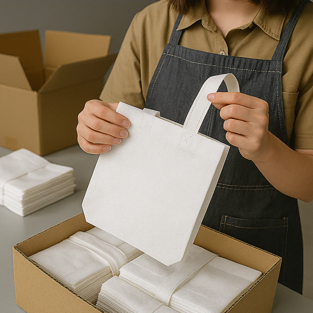 Worker packing white reusable non-woven tote bags into a cardboard box for bulk shipping and distribution.
