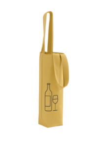 Reusable yellow canvas wine bottle bag with simple wine glass print, ideal for events, gifts, and promotional branding.