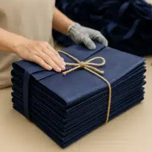 Dark blue reusable non-woven shopping bags tied in bundles, prepared for large order shipment.