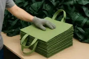 Green eco-friendly shopping tote bags neatly stacked on a table for bulk shipment.