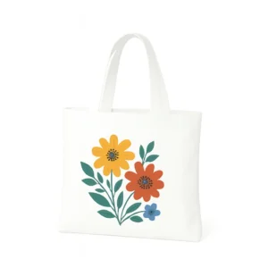 Eco-friendly white canvas tote bag featuring bright floral print, reusable shopping bag for retail or promotional branding.