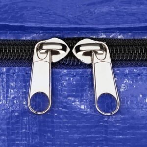 Close-up of a durable zipper on a blue heavy-duty moving bag