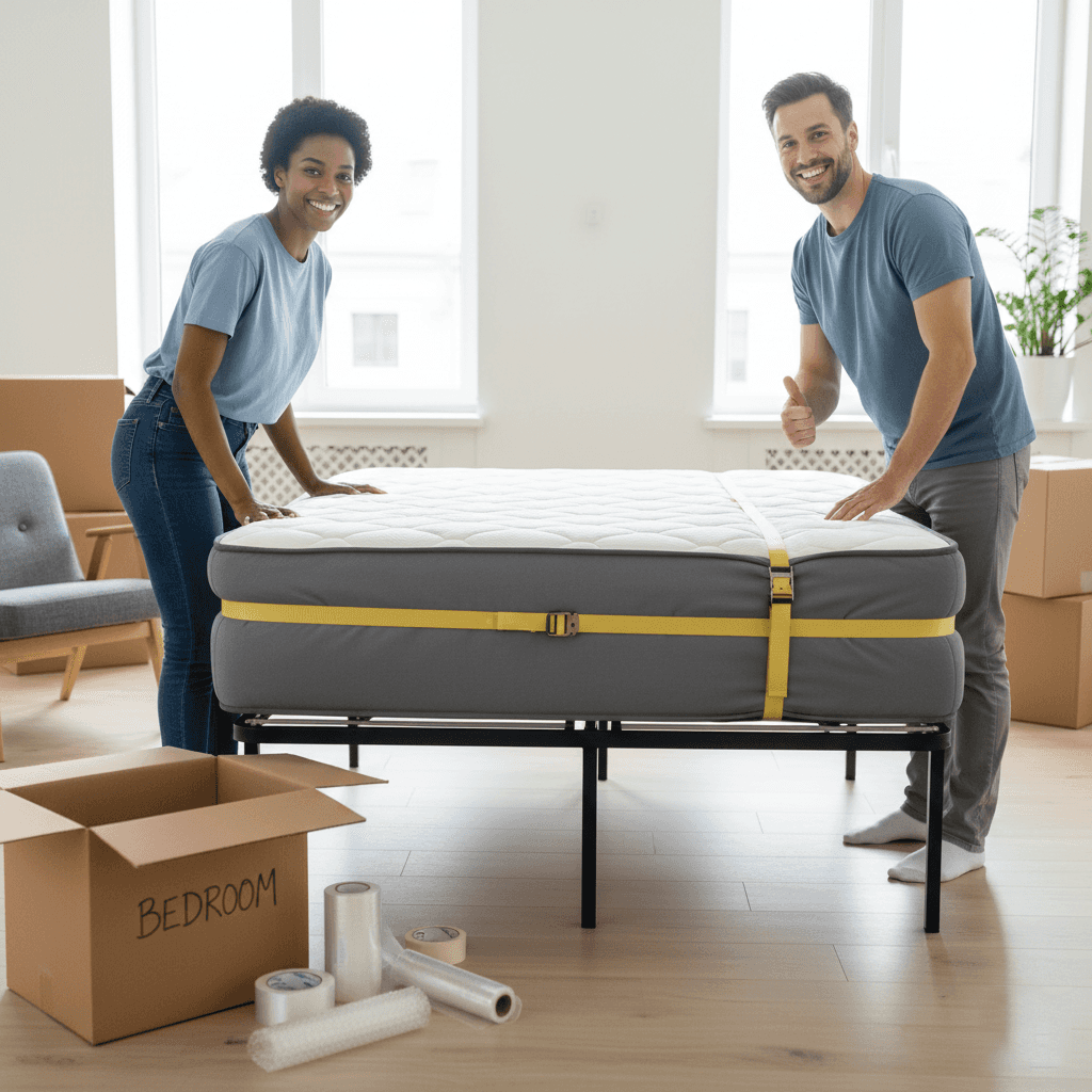 Smiling couple securing a mattress with a yellow strap for protection during moving.
