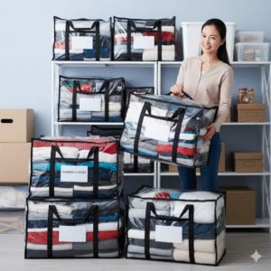 Woman displaying clear, large storage bags labeled for seasonal clothes, neatly stacked on shelving units.