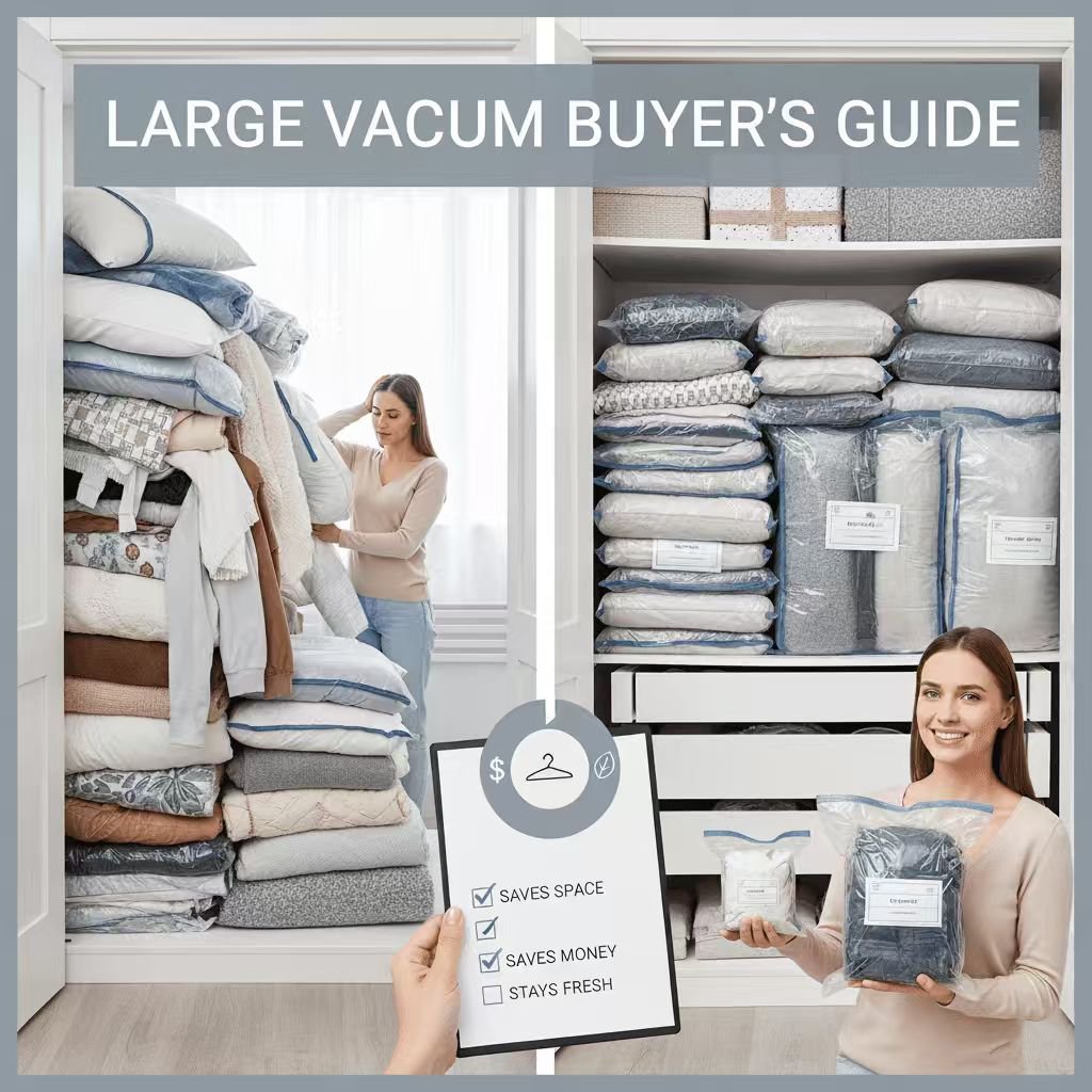 Woman organizing bulky bedding and clothes using large vacuum seal bags, showing before and after closet storage results.