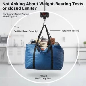 Blue heavy-duty moving bag suspended on a hook during a 150 kg drop-test, showcasing certified load capacity and durability testing for high-strength storage bags.